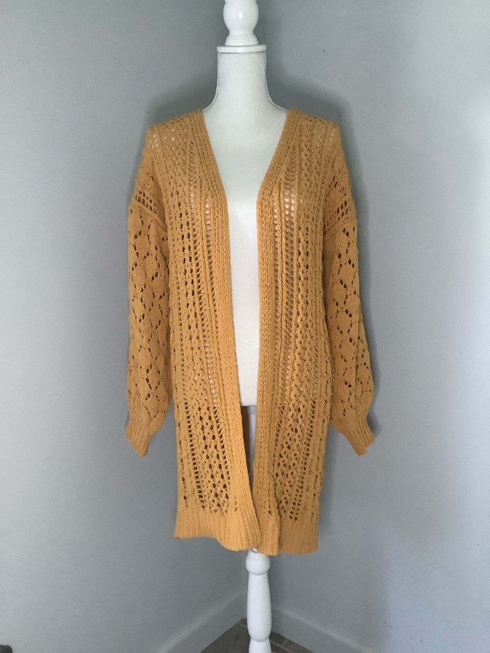 Umgee Mustard Open-Front Crochet Cardigan